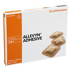 MEDICAZIONE IDROCELLULARE ADESIVA STERILE ALLEVYN ADHESIVE ALTAMENTE ASSORBENTE IN SCHIUMA DI POLIURETANO A STRUTTURA TRISTRATIFICATA 7,5X7,5CM 3 PEZZI - Doctor Vinz
