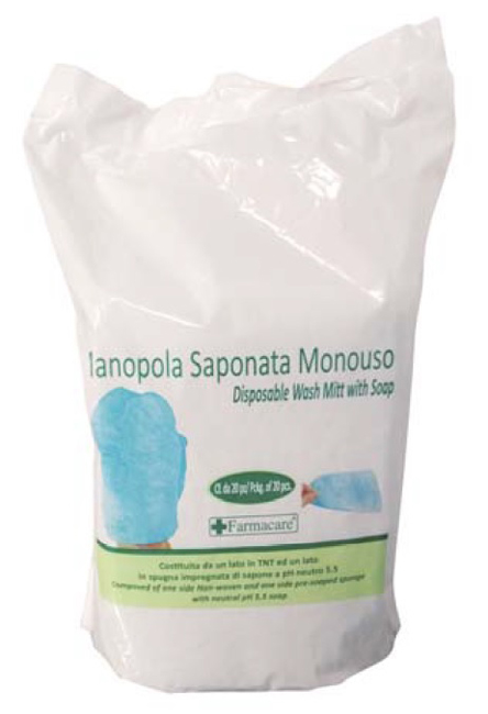 MANOPOLA MONOUSO PER LAVAGGI PARZIALI COMPOSTA DA UNA SPUGNA IN POLIESTERE SAPONATA E DA UN DRAPPO IN TESSUTO NON TESSUTO SENZA RISCIACQUO DETERGENTE A PH ISOCUTANEO - Doctor Vinz