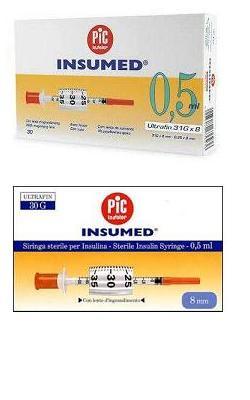 SIRINGA PER INSULINA PIC INSUMED 0,5 ML 100 UI AGO GAUGE 29 LUNGHEZZA 12,7 MM SENZA SPAZIO MORTO 3 SACCHETTI DA 10 PEZZI - Doctor Vinz