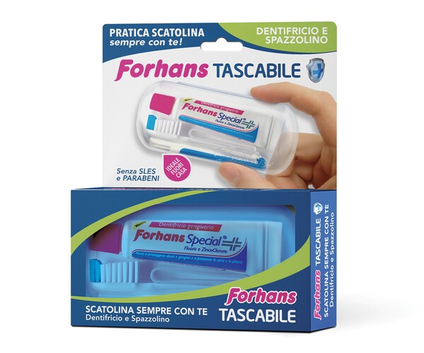 FORHANS TRAVEL KIT TASCABILE COMPOSTO DA SPAZZOLINO DA VIAGGIO + FORHANS SPECIAL PASTA DENTIFRICIA TUBETTO 12,5 ML - Doctor Vinz