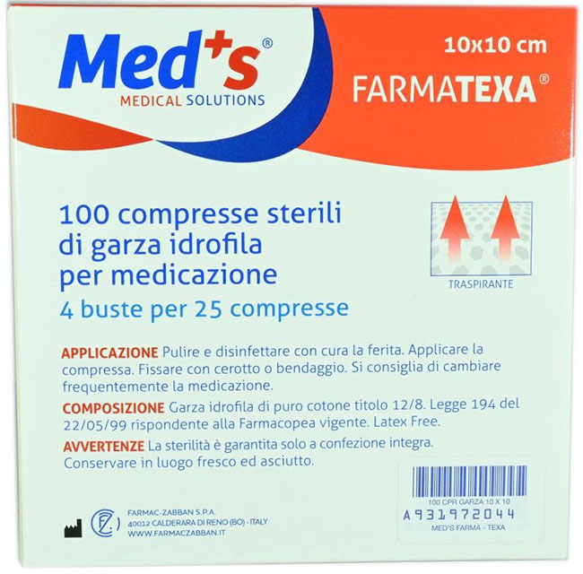 GARZA COMPRESSA IDROFILA MEDS FARMATEXA 2/8 10X10CM 100 PEZZI - Doctor Vinz