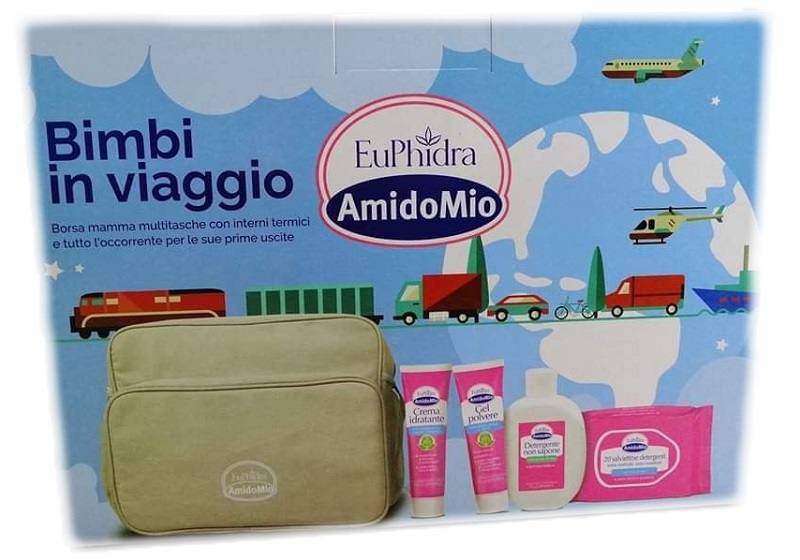 EUPHIDRA AMIDOMIO BORSA BIMBI VIAGGIO GEL POLVERE 50ML + DETERGENTE NON SAPONE 200ML + CREMA IDRATANTE 50ML + SALVIETTINE 20 PEZZI - Doctor Vinz