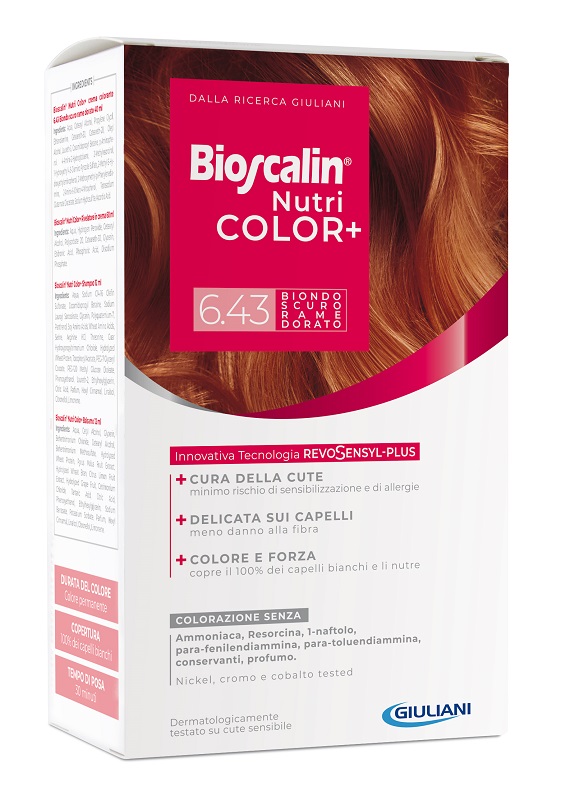 BIOSCALIN NUTRICOLOR PLUS 6,43 BIONDO SCURO RAME DORATO CREMA COLORANTE 40 ML + RIVELATORE CREMA 60 ML + SHAMPOO 12 ML + TRATTAMENTO FINALE BALSAMO 12 ML - Doctor Vinz