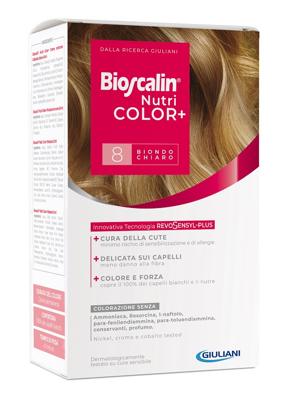 BIOSCALIN NUTRICOLOR PLUS 8 BIONDO CHIARO CREMA COLORANTE 40 ML + RIVELATORE CREMA 60 ML + SHAMPOO 12 ML + TRATTAMENTO FINALE BALSAMO 12 ML - Doctor Vinz