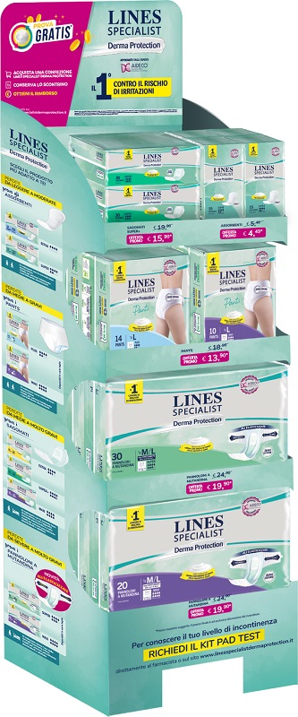 LINES SPECIALIST DERM MIX ESPOSITORE 2 LINES DERMA SAGOMATO SUPER 30 PEZZI + 4 LINES DERMA SUPER 15 PEZZI + 2 LINES DERMA PANTS PLUS L 14 PEZZI + 1 LINES DERMA PANTS PLUS M + NOTE - Doctor Vinz